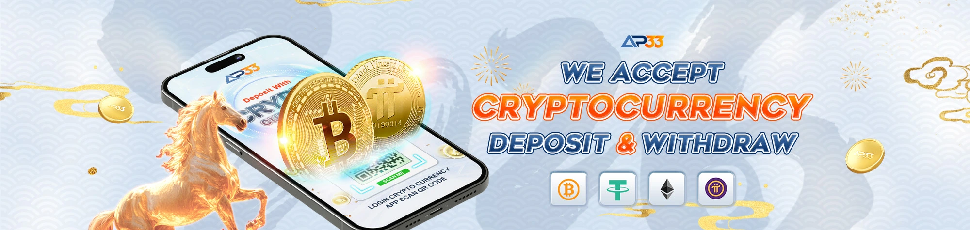 AP33 banner promoting cryptocurrency deposit and withdrawal with Bitcoin, Ethereum, and digital payment options on mobile app.