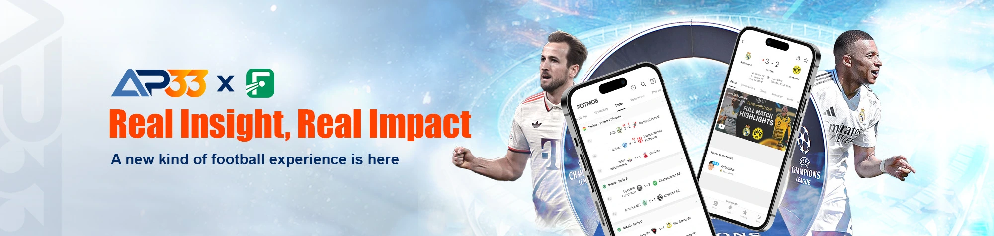 AP33 collaboration banner featuring football players, mobile app interface, and real-time match insights experience.