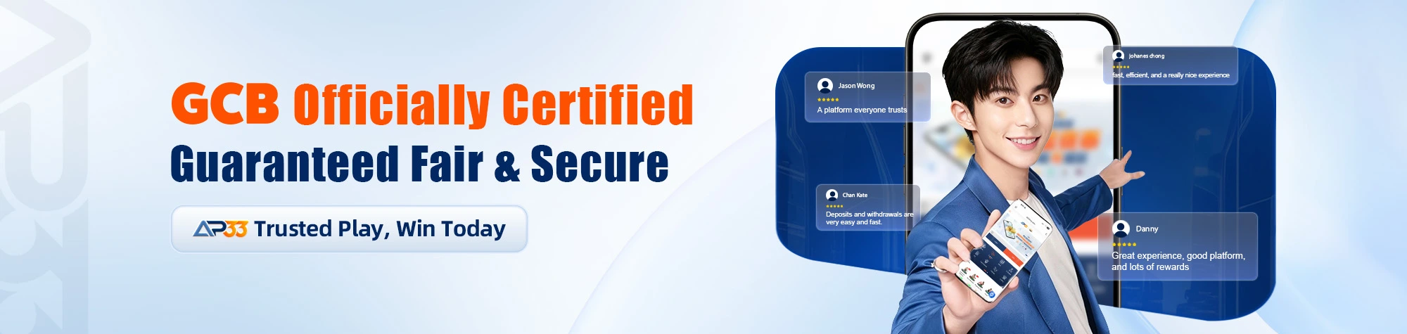 AP33 GCB certified banner showing trusted and secure platform with user testimonials and mobile app interface.