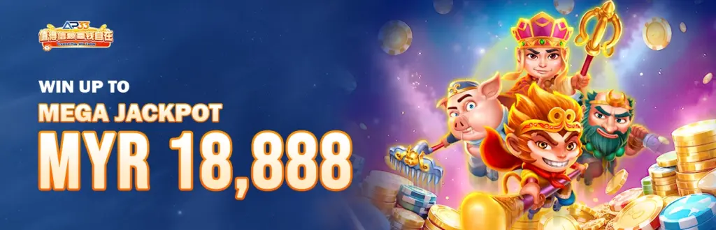 AP33 mega jackpot banner showing MYR 18,888 prize with cartoon characters and gold coins.
