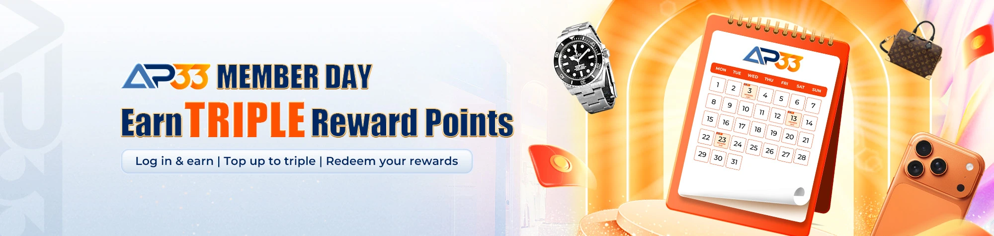 AP33 Member Day banner promoting triple reward points with calendar, luxury watch, smartphone, and lifestyle rewards.