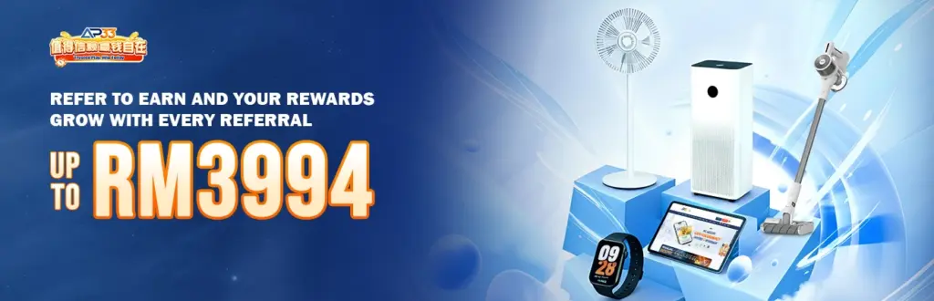 AP33 referral promotion banner offering up to RM3994 rewards with home appliances and smart devices.