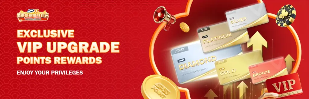 AP33 VIP upgrade banner showing reward points system with silver, gold, platinum, and diamond membership cards.